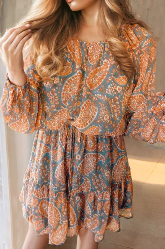 Zephariel Ruffle Hem Printed Long Sleeve Dress