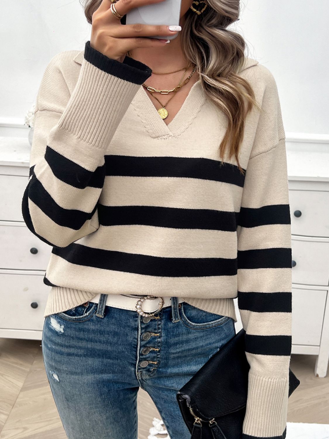 Zephariel Striped Collared Neck Long Sleeve Sweater