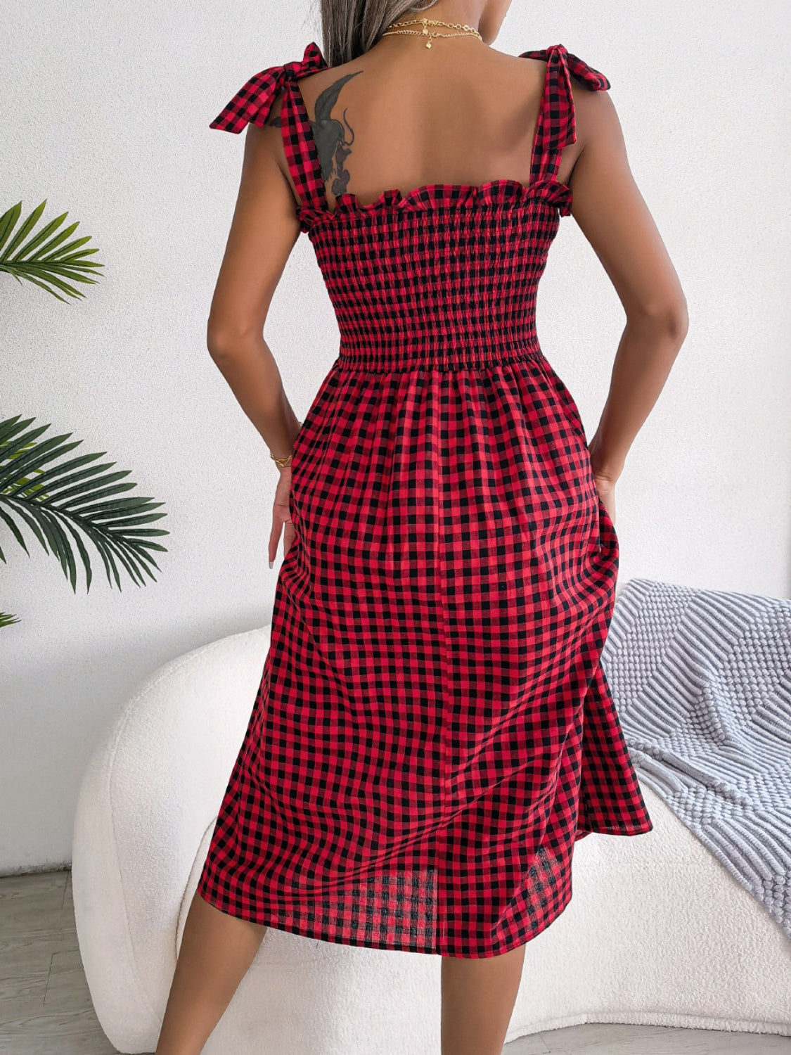 Zephariel Frill Plaid Square Neck Midi Dress