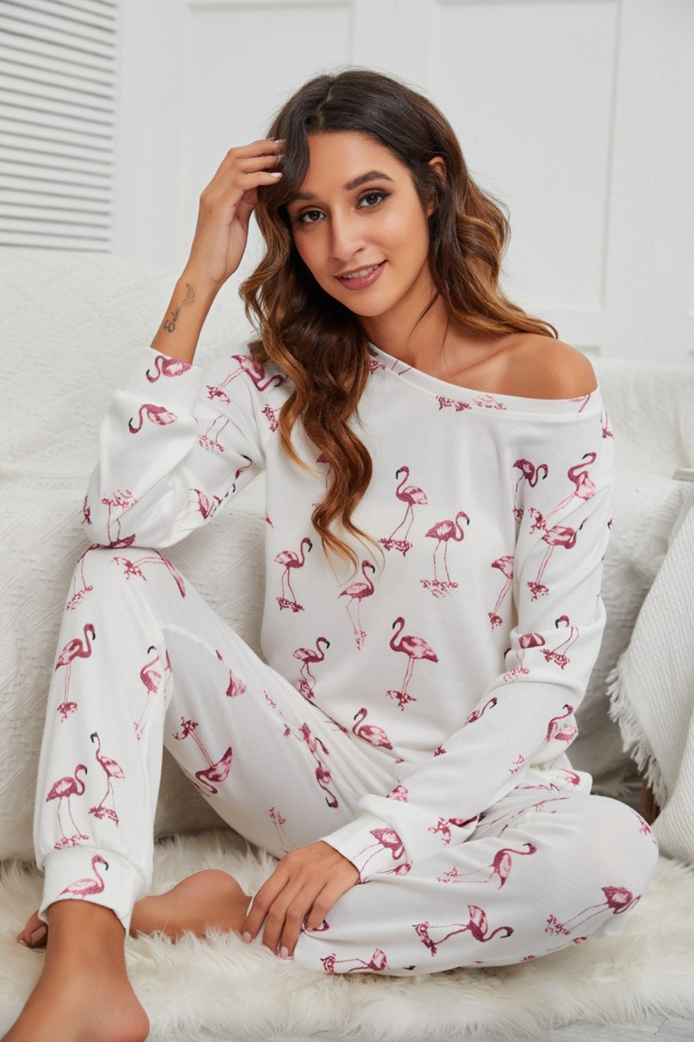 Zephariel Flamingo Long Sleeve Top and Pants Lounge Set