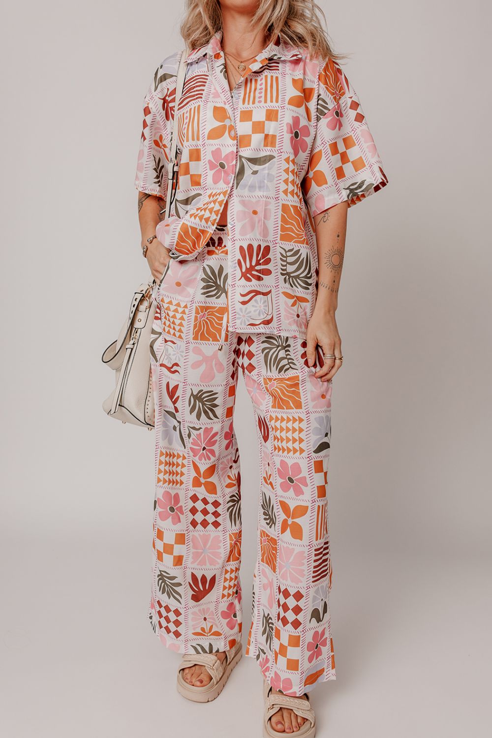 Zephariel Printed Collared Neck Shirt and Wide Leg Pants Set