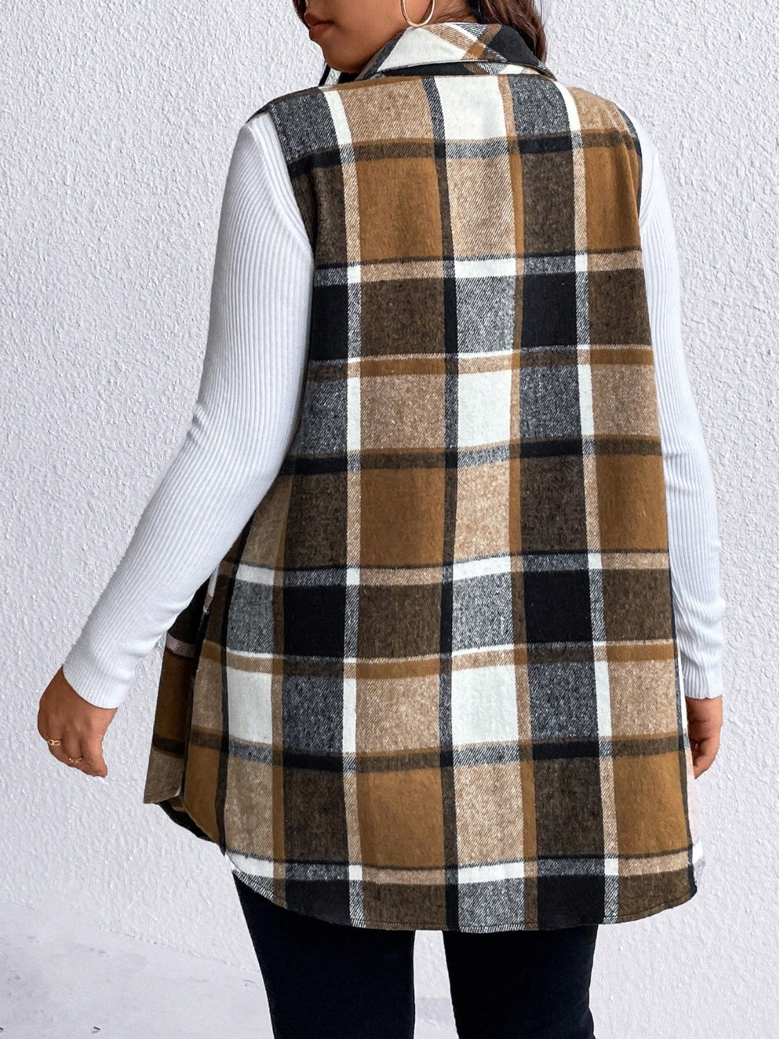 Zephariel Plus Size Pocketed Plaid Button Up Vest Coat