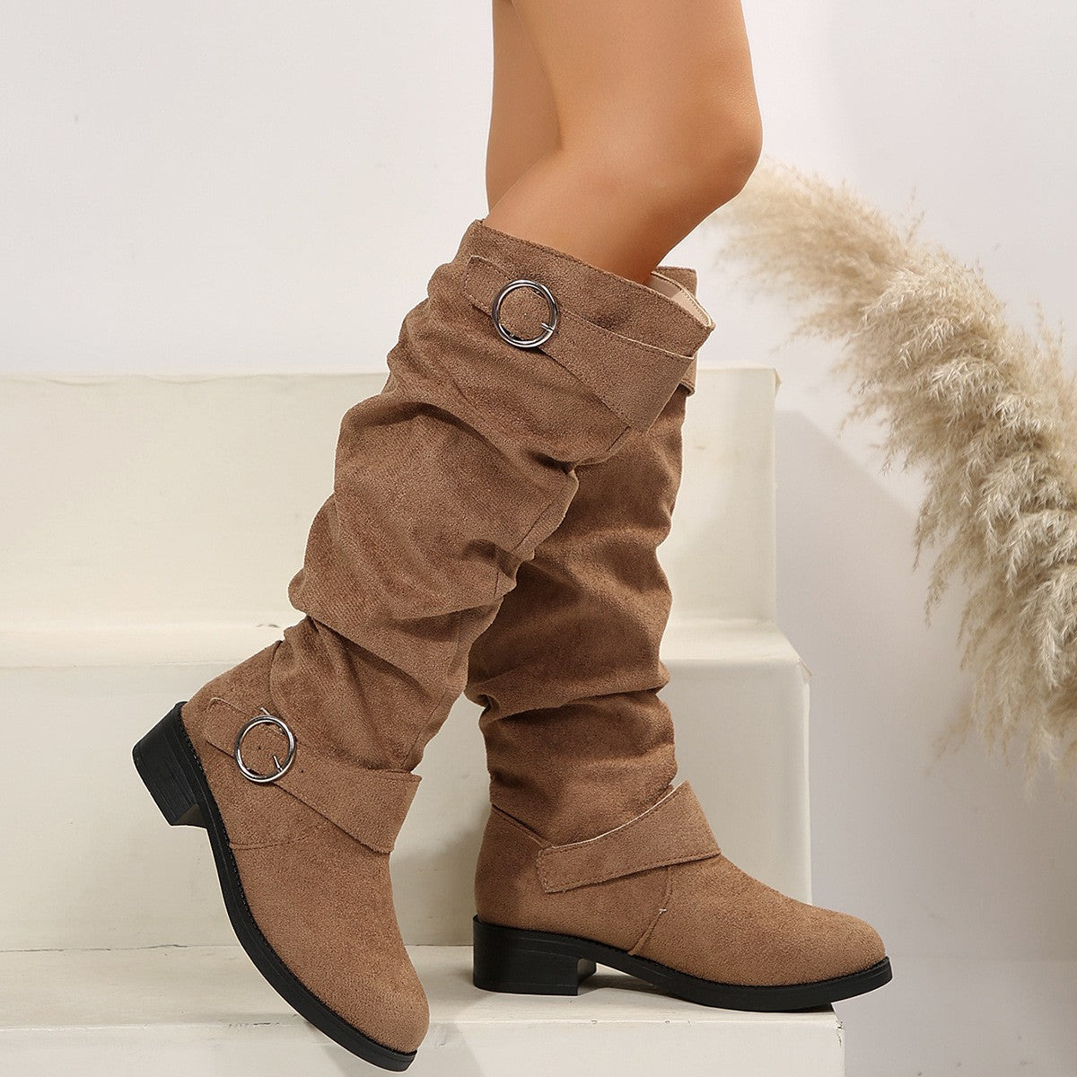 Zephariel Buckle Round Toe Block Heel Boots