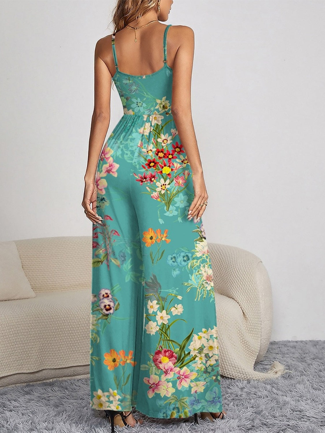 Zephariel Decorative Button Spaghetti Strap Wide Leg Jumpsuit