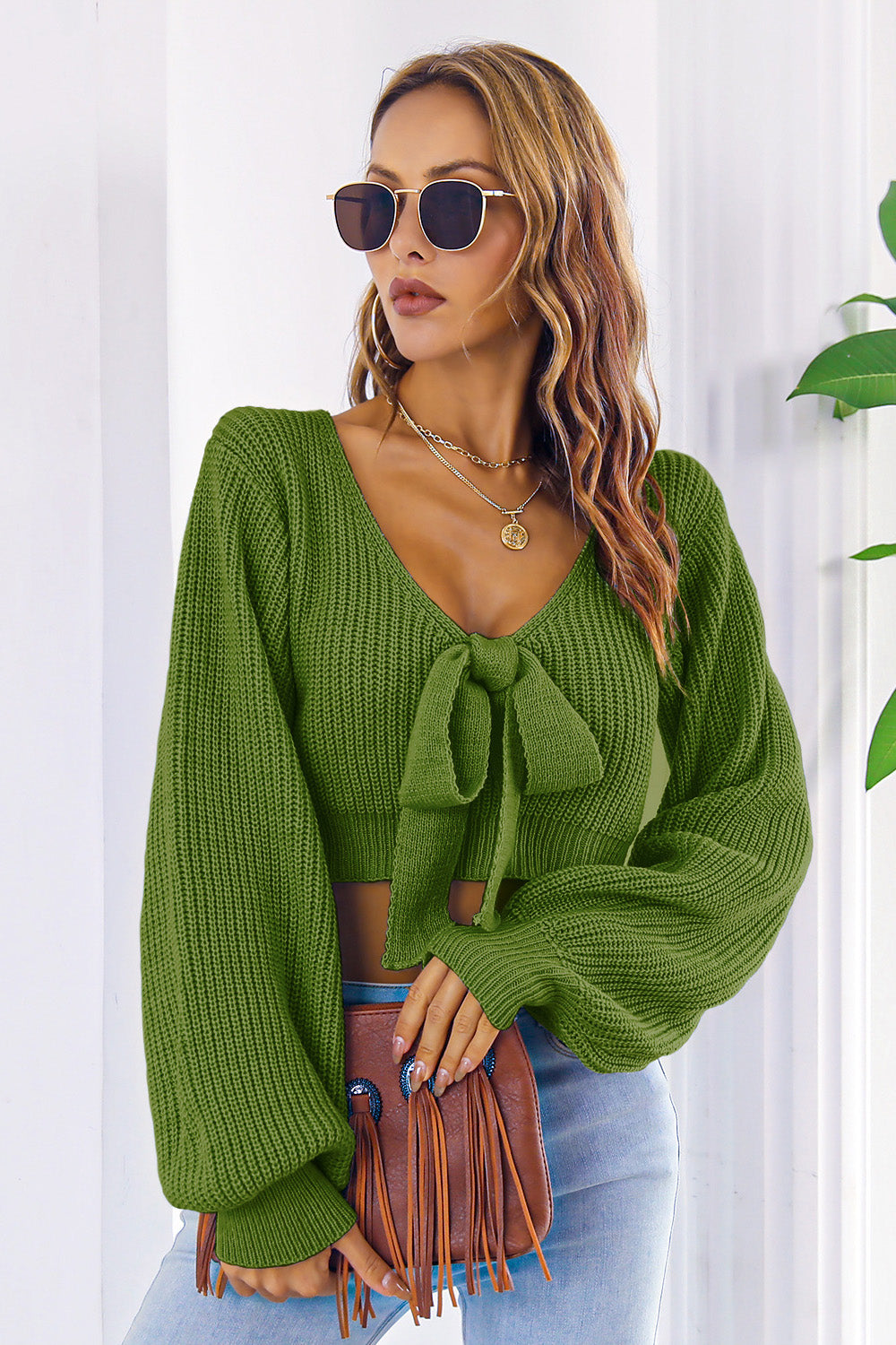 Zephariel Bow V-Neck Long Sleeve Cropped Sweater