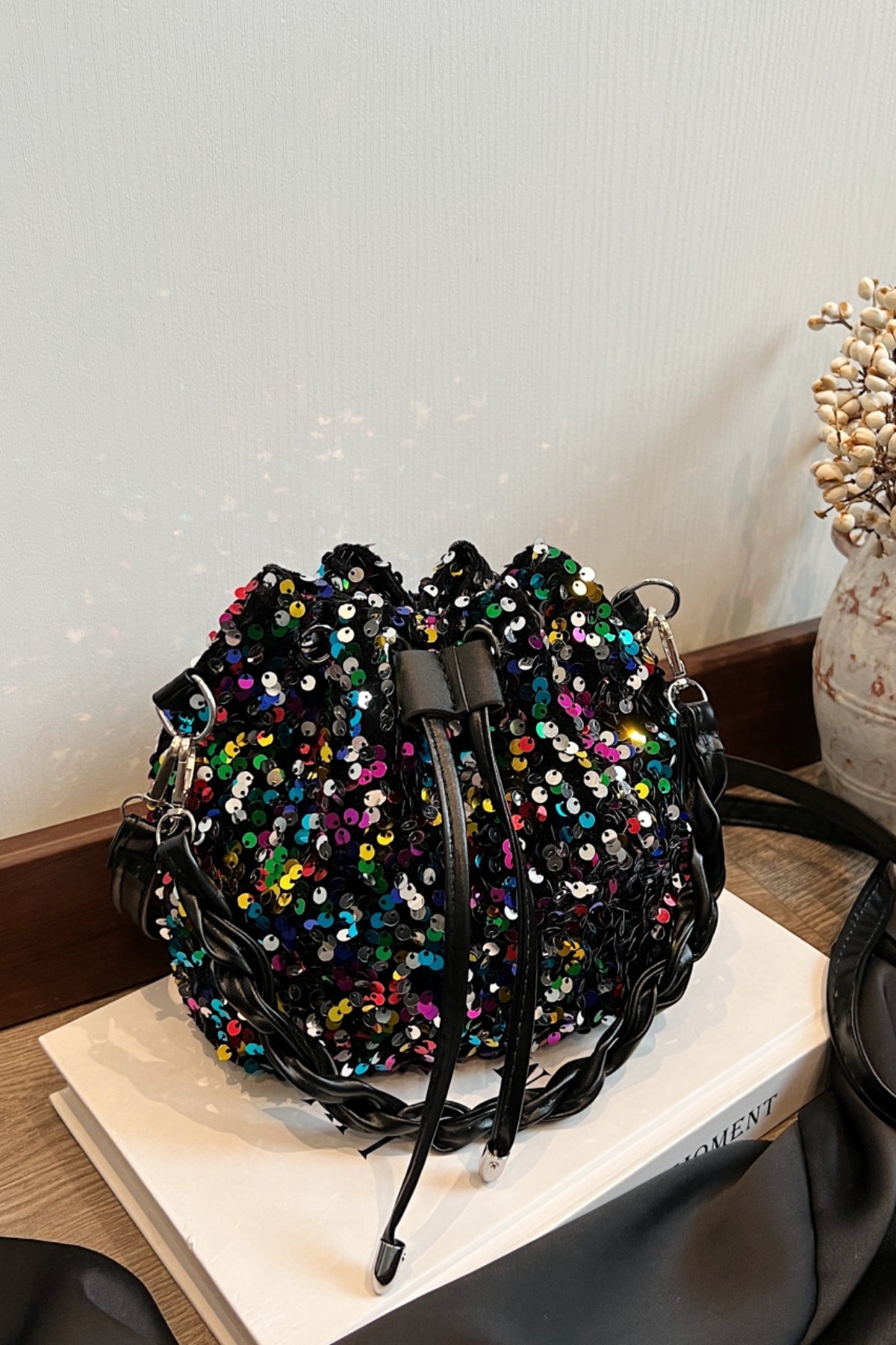 Zephariel Sequin Drawstring Bucket Bag