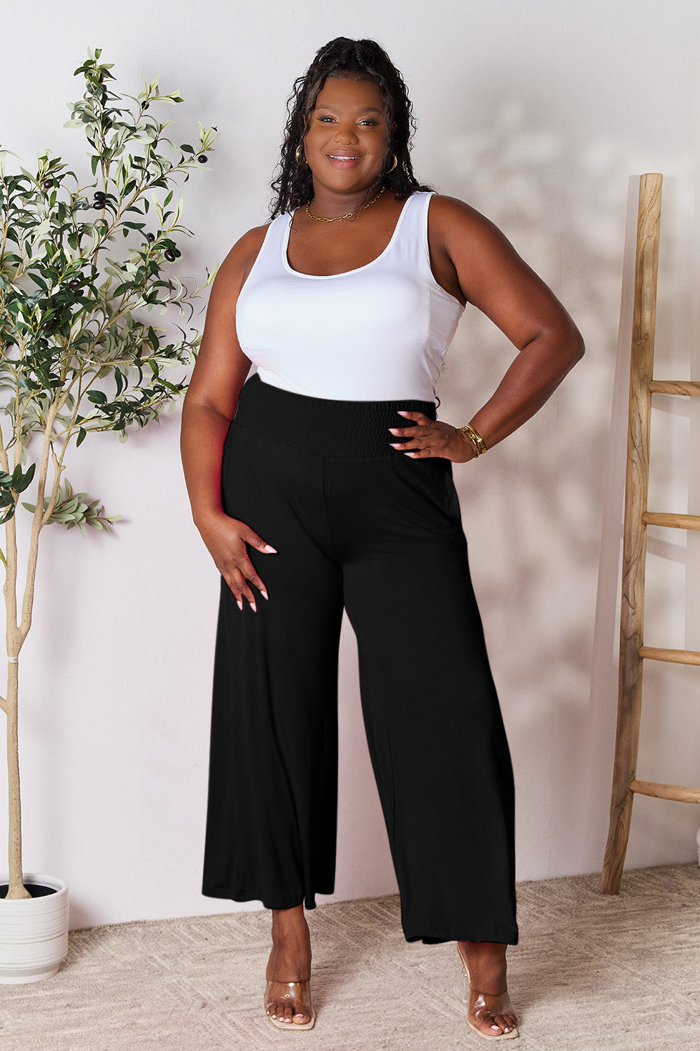 Zephariel  Smocked Wide Waistband Wide Leg Pants