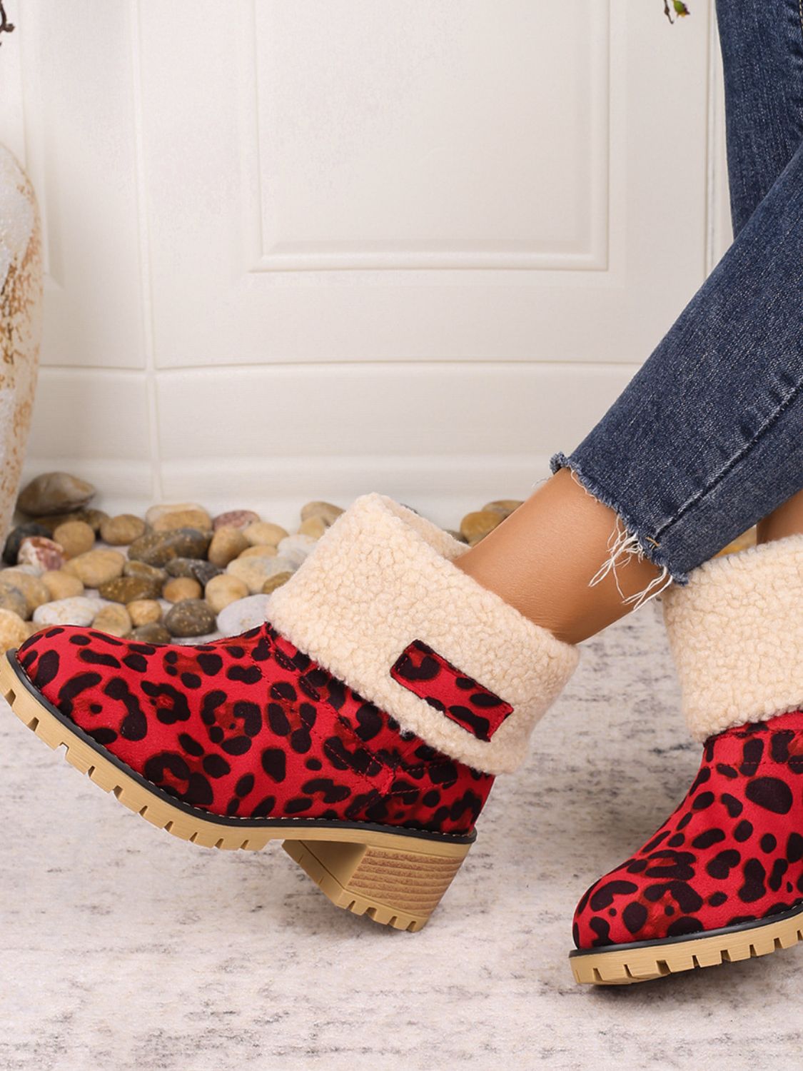 Zephariel Leopard Block Heel Fuzzy Boots