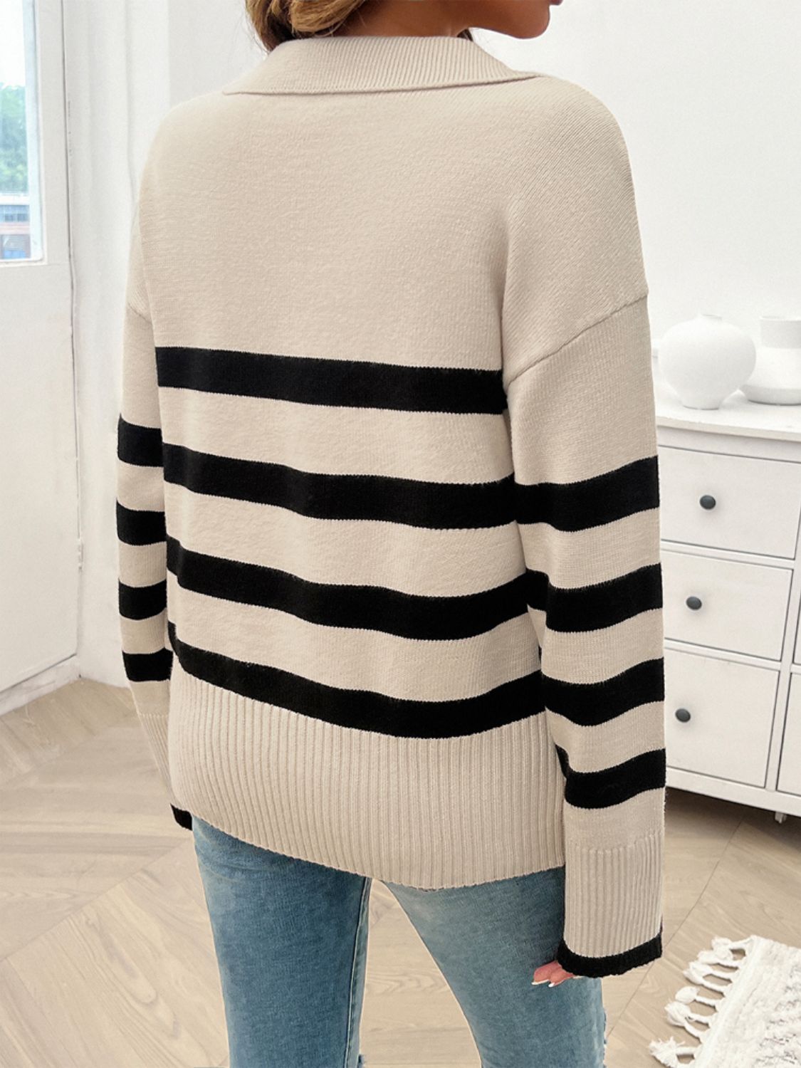 Zephariel Striped Collared Neck Long Sleeve Sweater