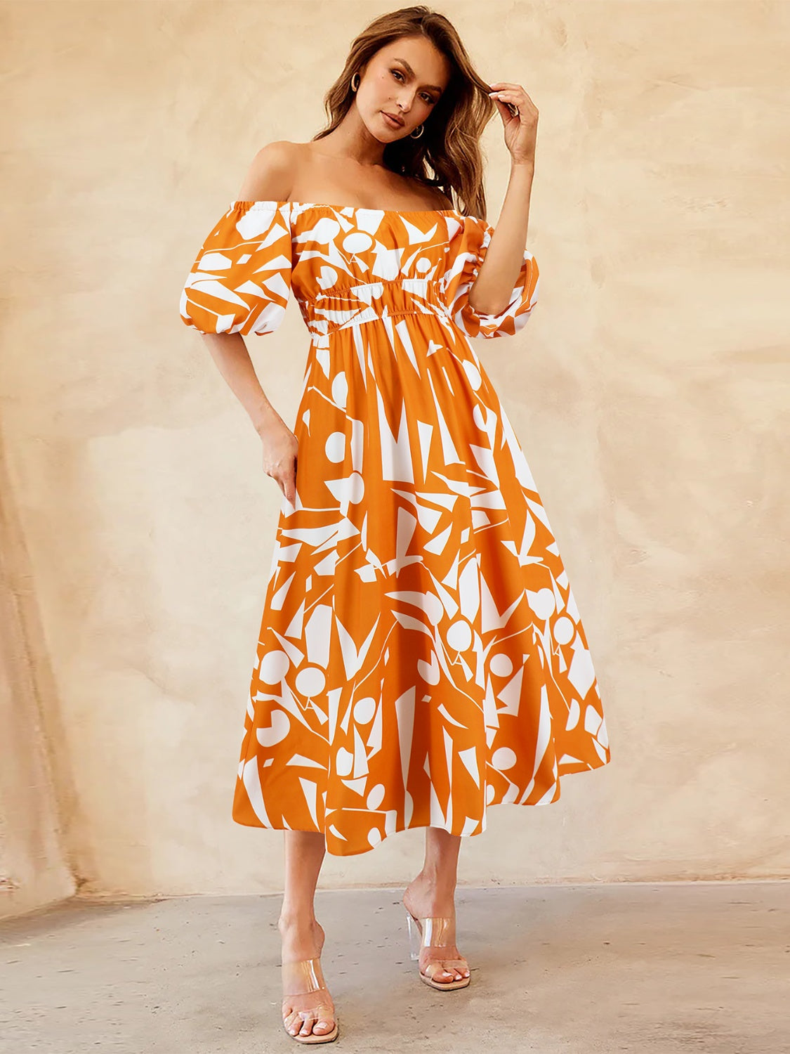 Zephariel Printed Off-Shoulder Balloon Sleeve Dress