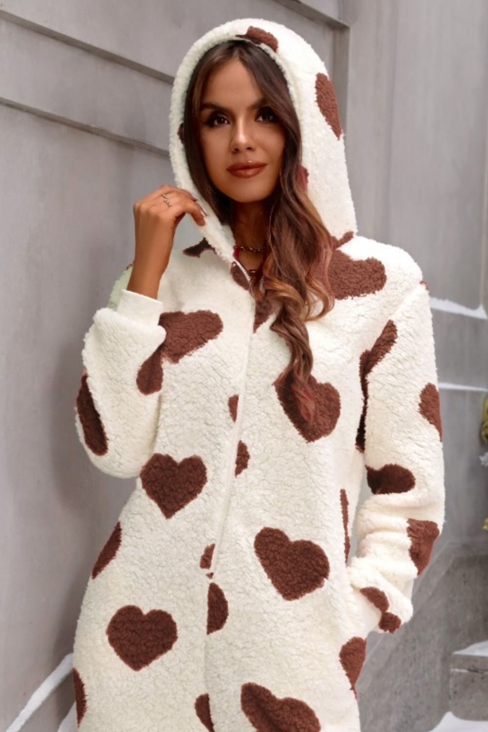 Zephariel Fuzzy Heart Zip Up Hooded Lounge Jumpsuit