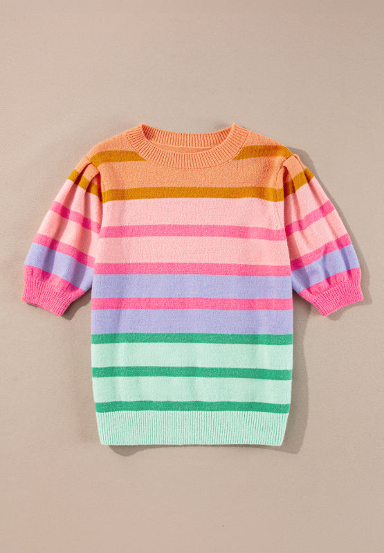 Zephariel Striped Round Neck Half Sleeve Sweater