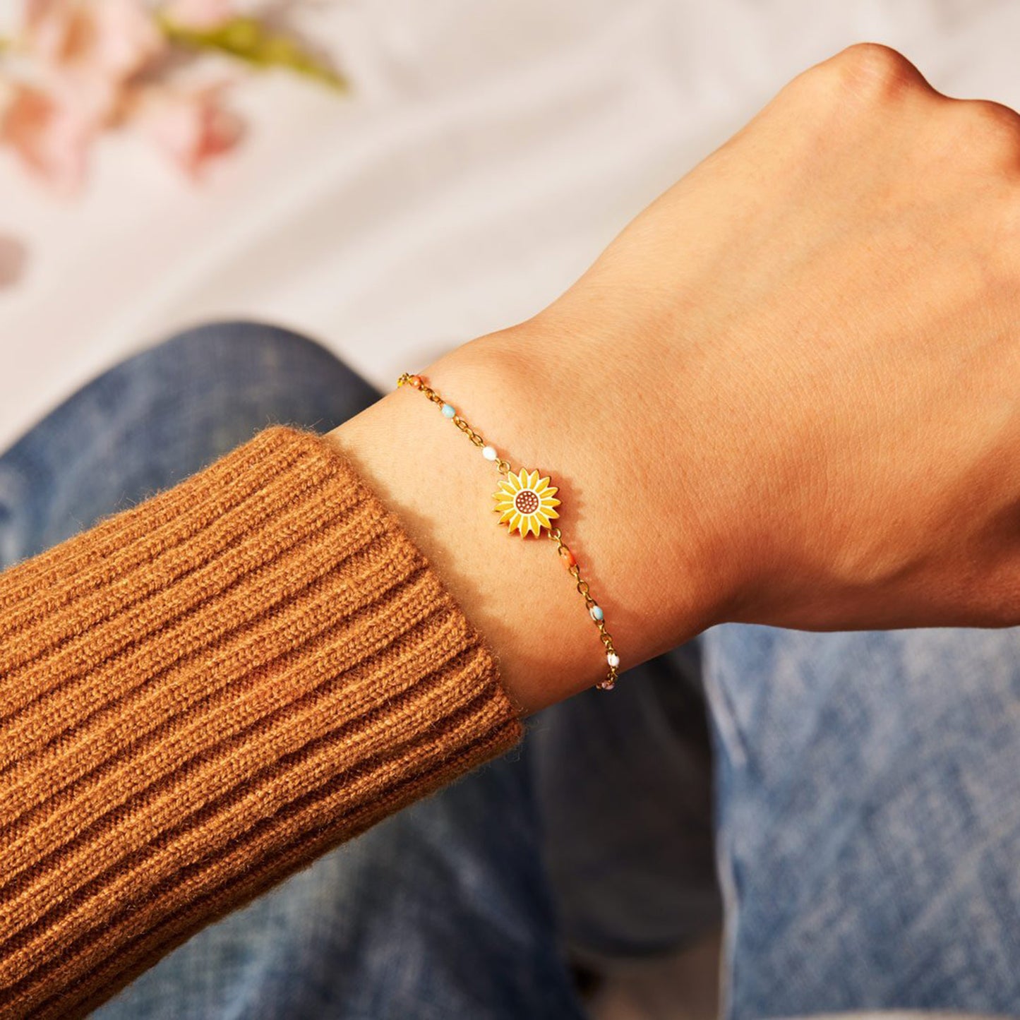 Zephariel Sunflower Shape 18K Gold-Plated Bead Bracelet