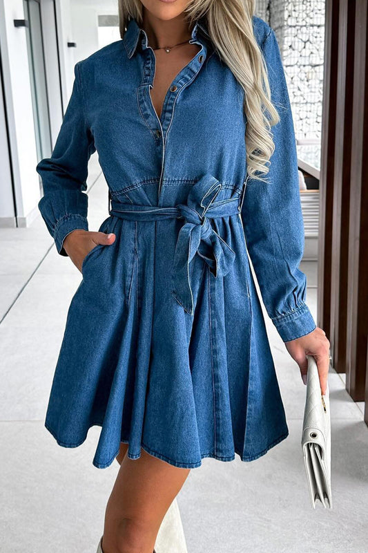 Zephariel Tied Half Button Long Sleeve Denim Dress