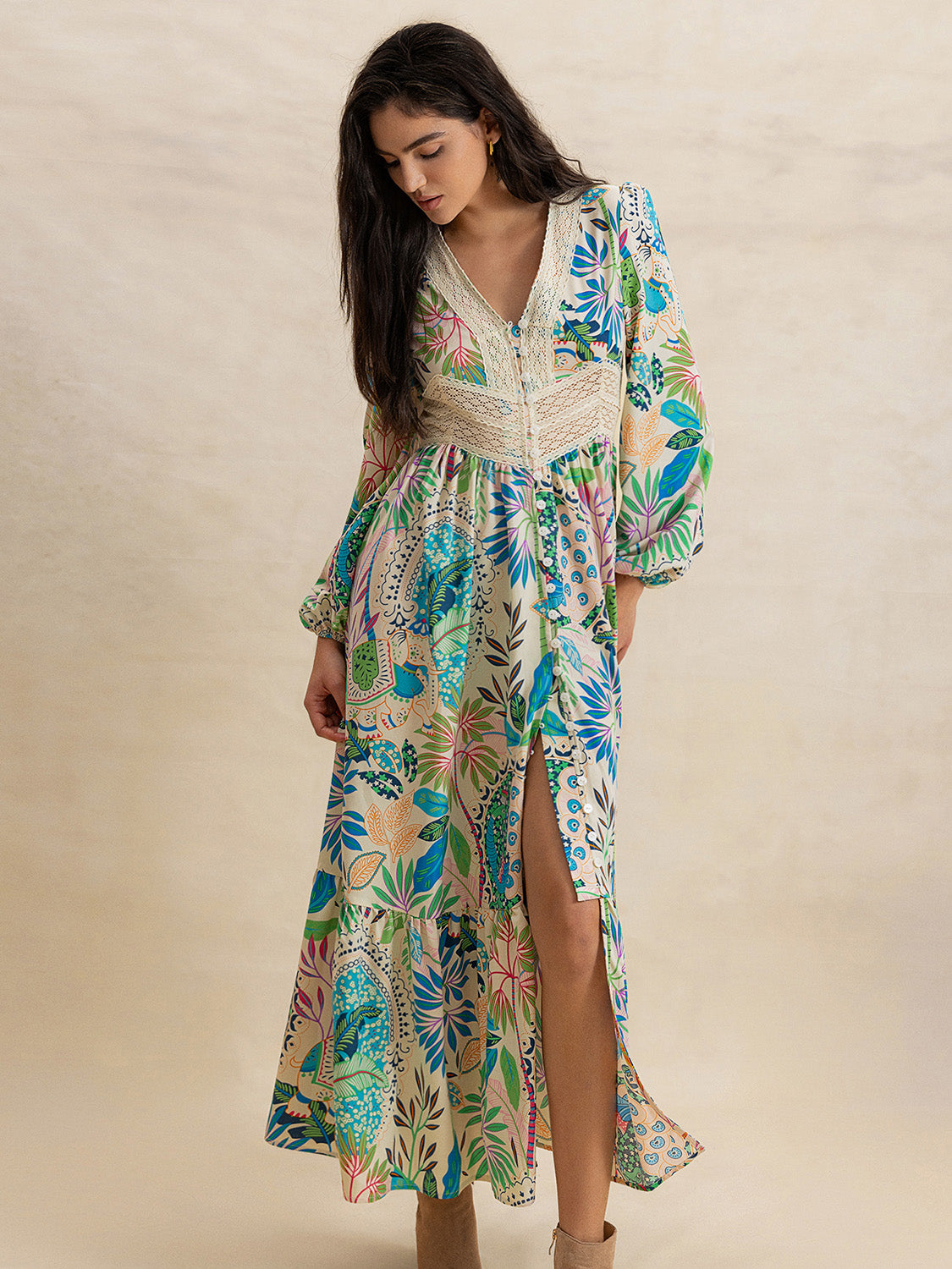 Zephariel Slit Printed V-Neck Long Sleeve Midi Dress