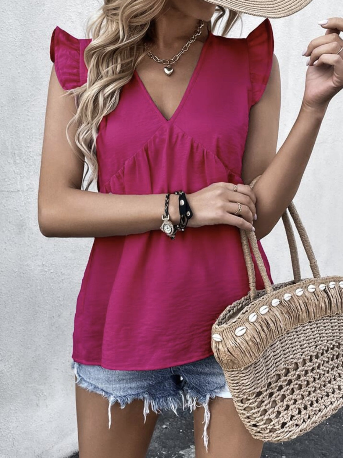 Zephariel Ruffled V-Neck Cap Sleeve Blouse