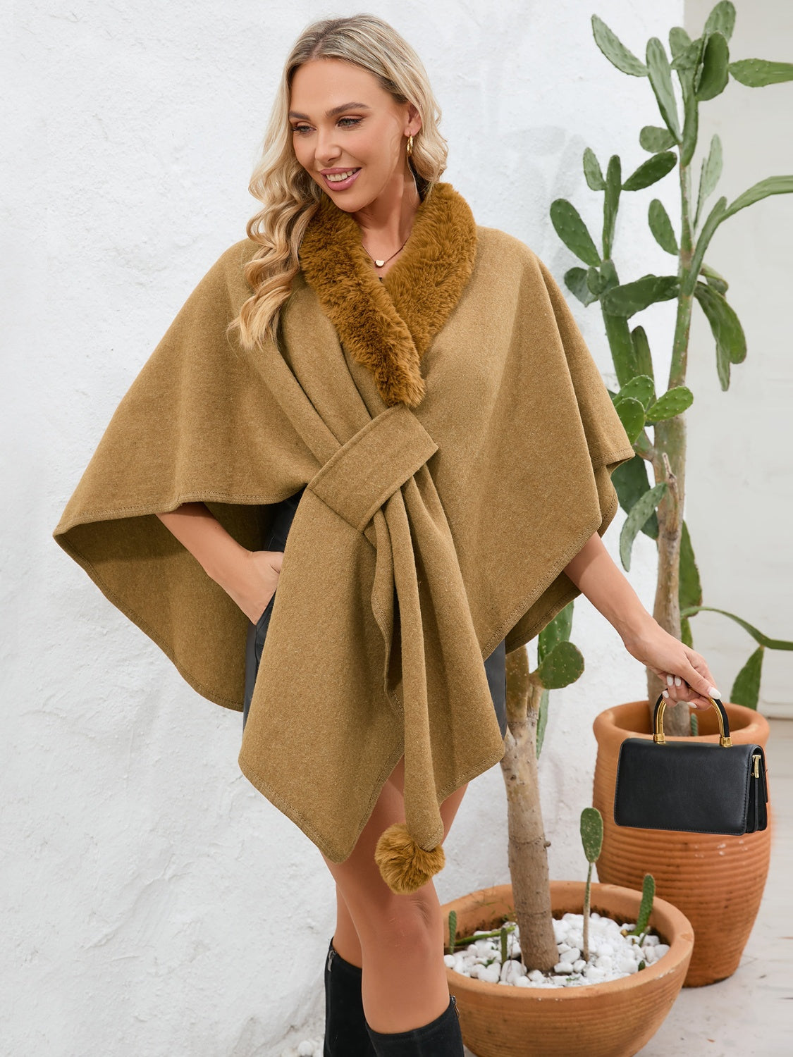 Zephariel Fuzzy Trim Open Front Poncho