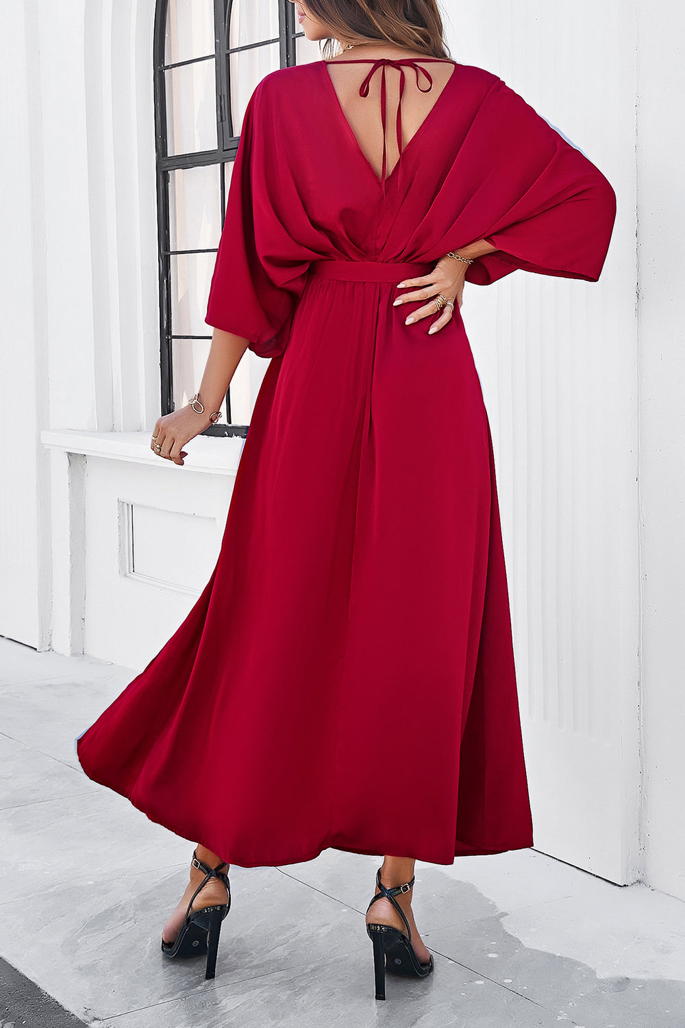 Zephariel Slit Tied V-Neck Three-Quarter Sleeve Dress