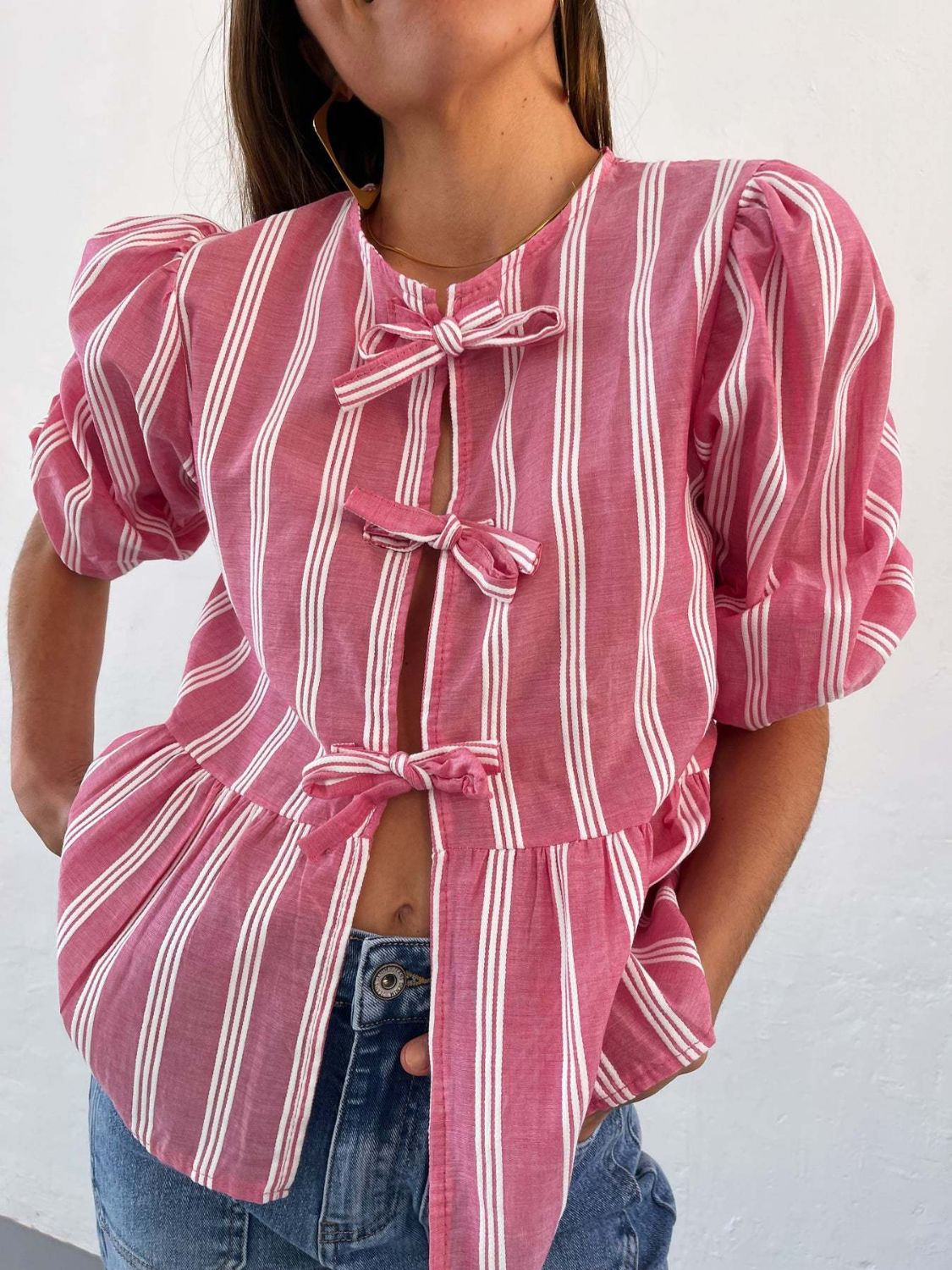 Zephariel Tied Round Neck Balloon Sleeve Shirt