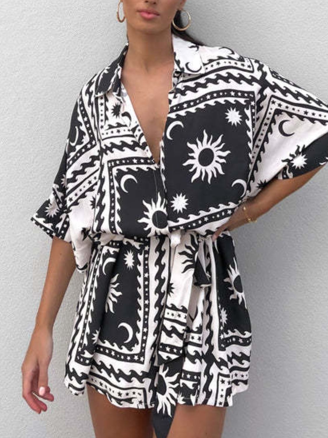 Zephariel Printed Tie Waist Half Sleeve Romper