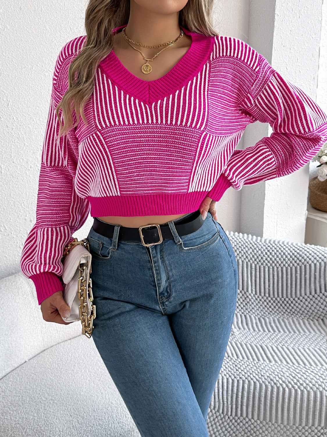 Zephariel Striped V-Neck Long Sleeve Sweater