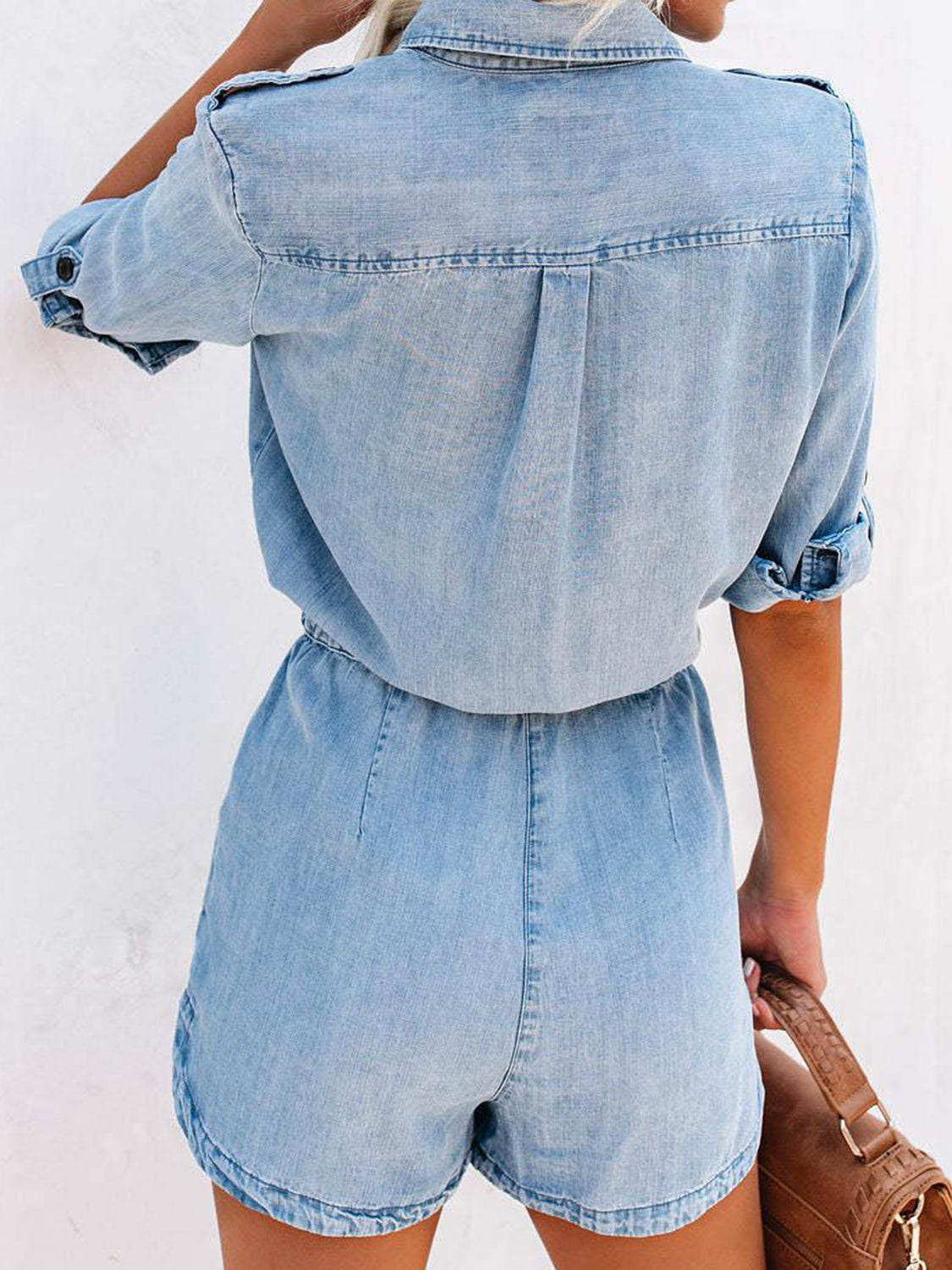 Zephariel Drawstring Half Button Half Sleeve Denim Romper