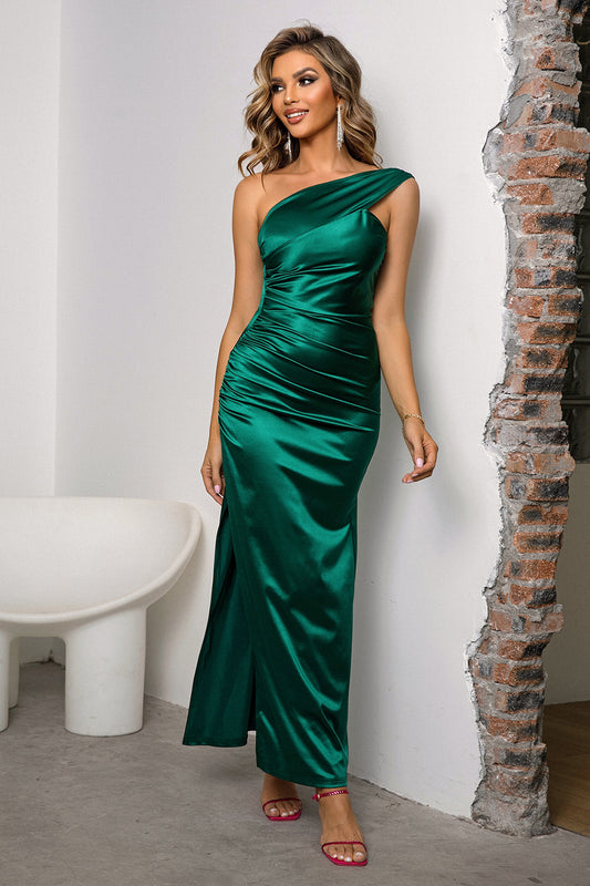 Zephariel One-Shoulder Ruched Slit Maxi Dress