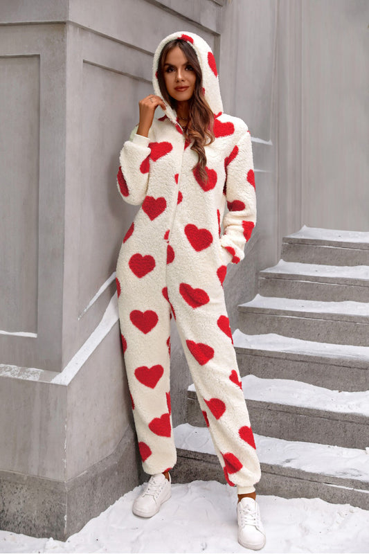 Zephariel Fuzzy Heart Zip Up Hooded Lounge Jumpsuit