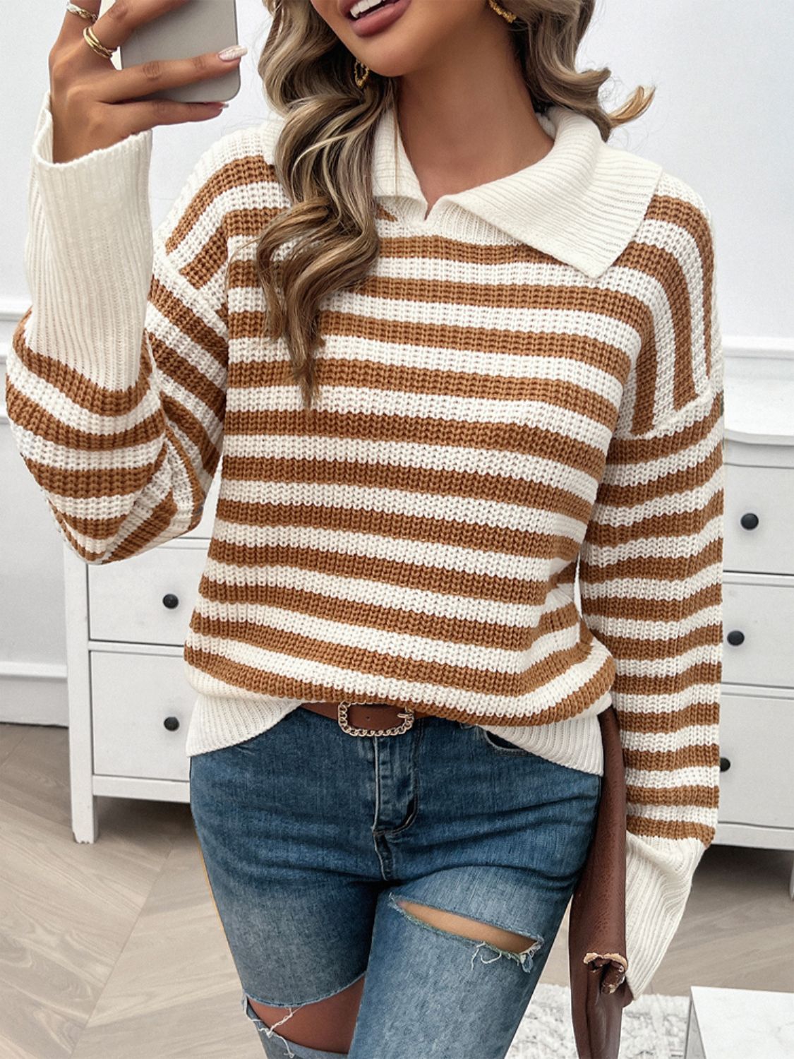 Zephariel Striped Collared Neck Long Sleeve Sweater