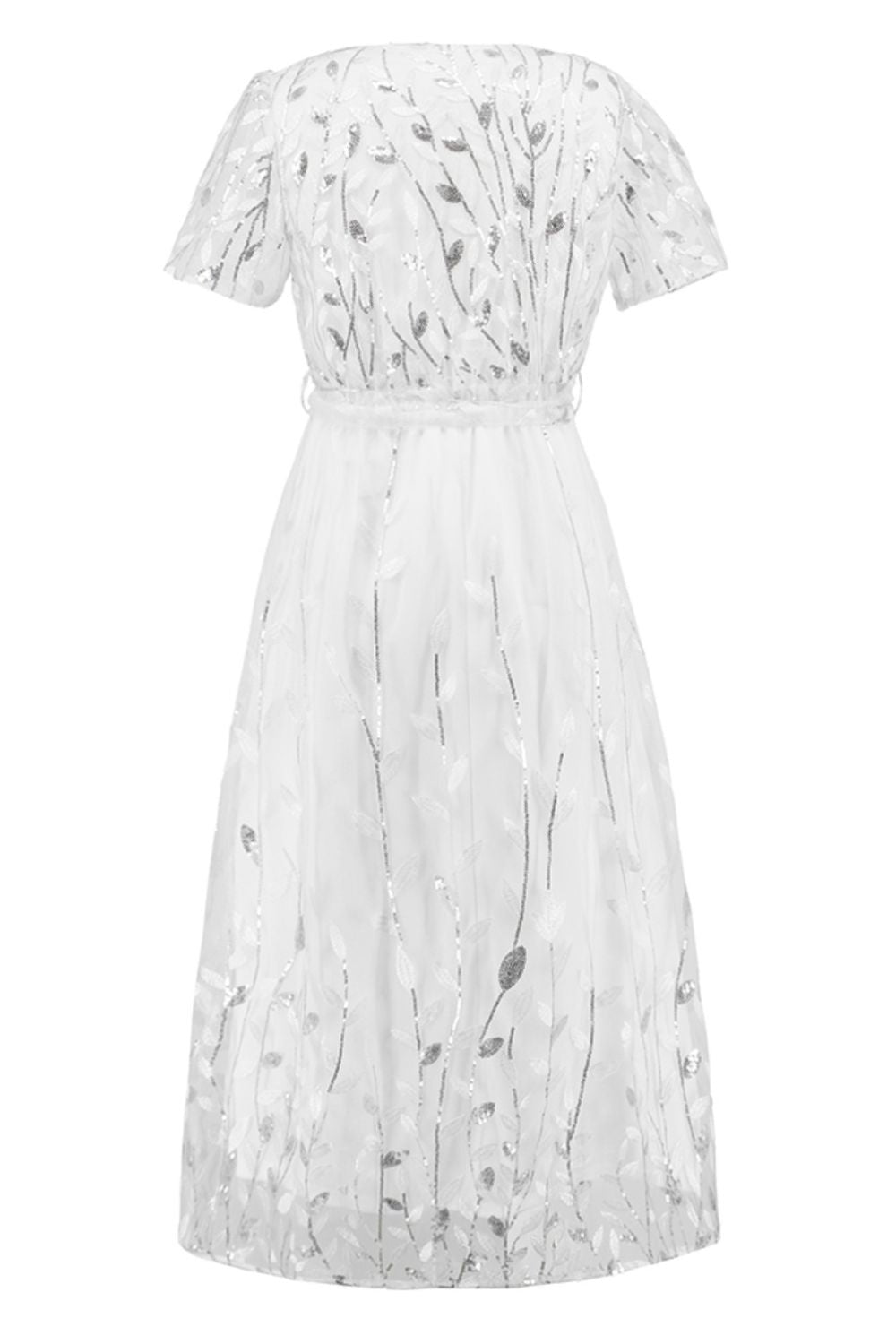 Zephariel Sequin Leaf Embroidery Tie Front Short Sleeve Dress