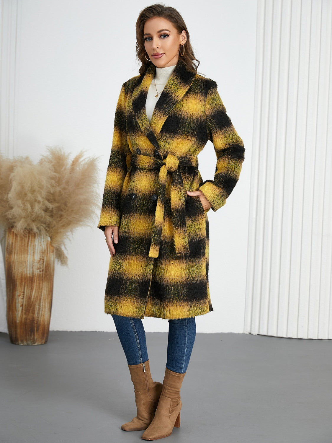 Zephariel Plaid Tie Waist Long Sleeve Coat