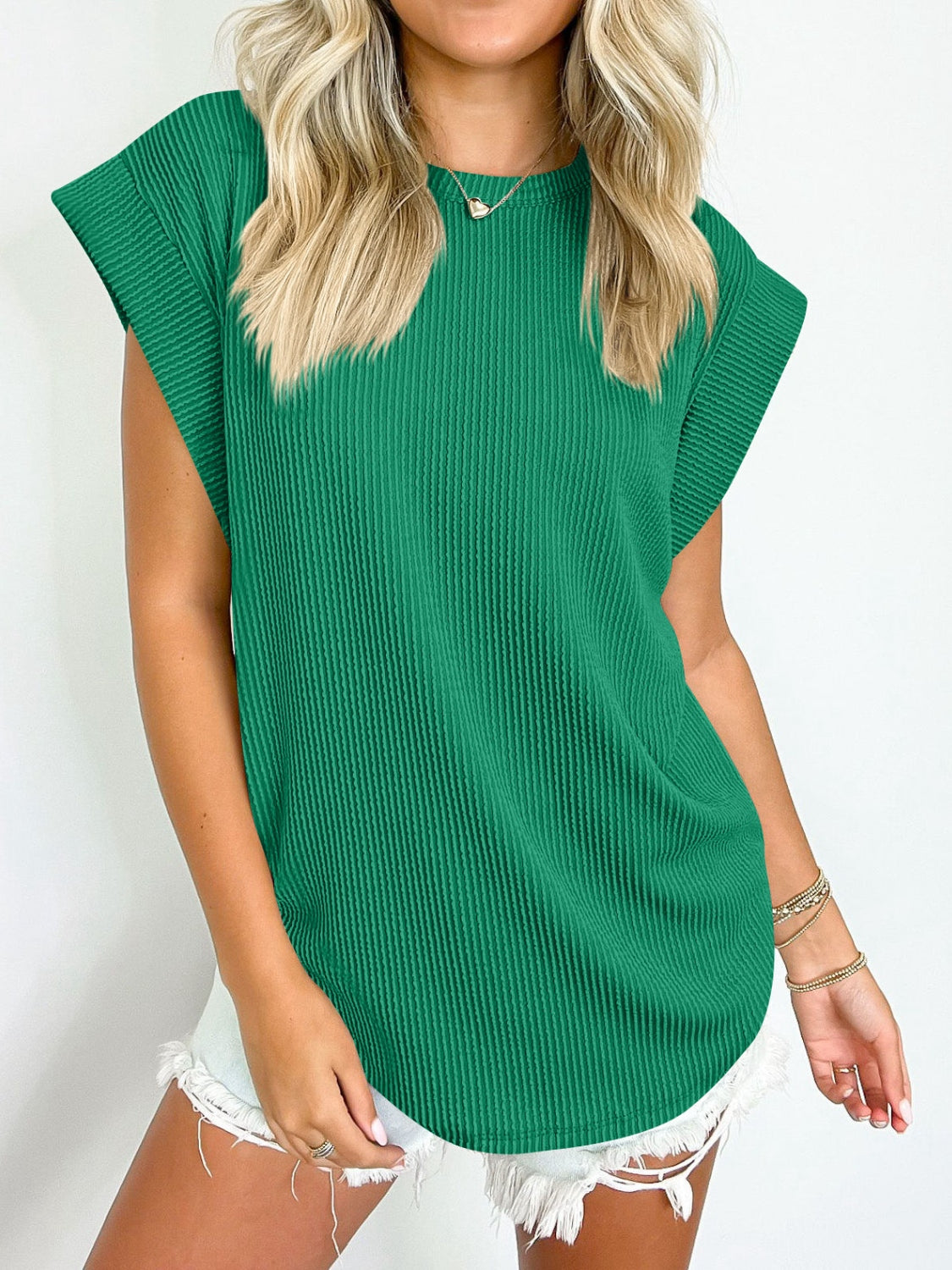 Zephariel Textured Round Neck Cap Sleeve Blouse