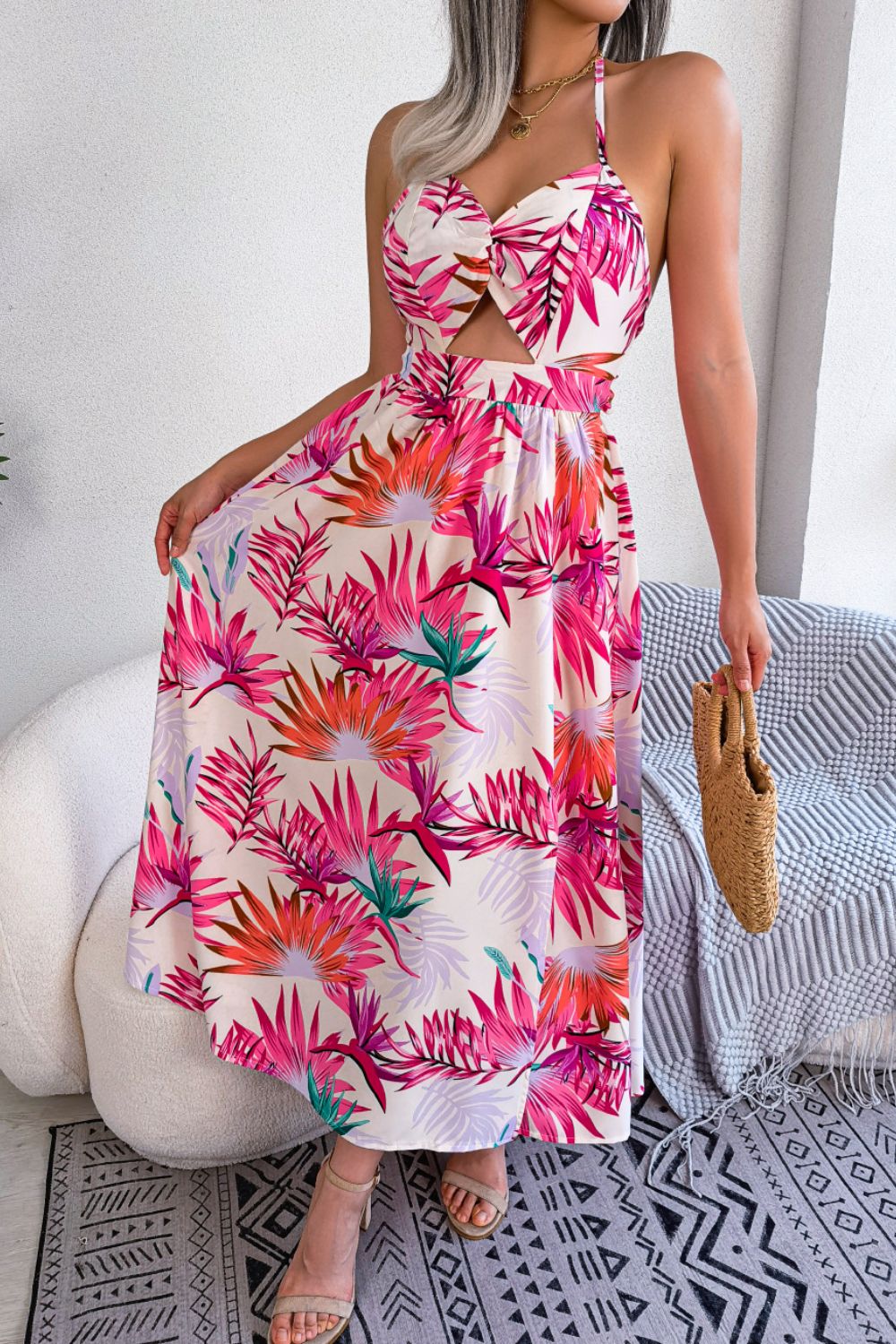 Zephariel Botanical Print Tied Backless Cutout Slit Dress