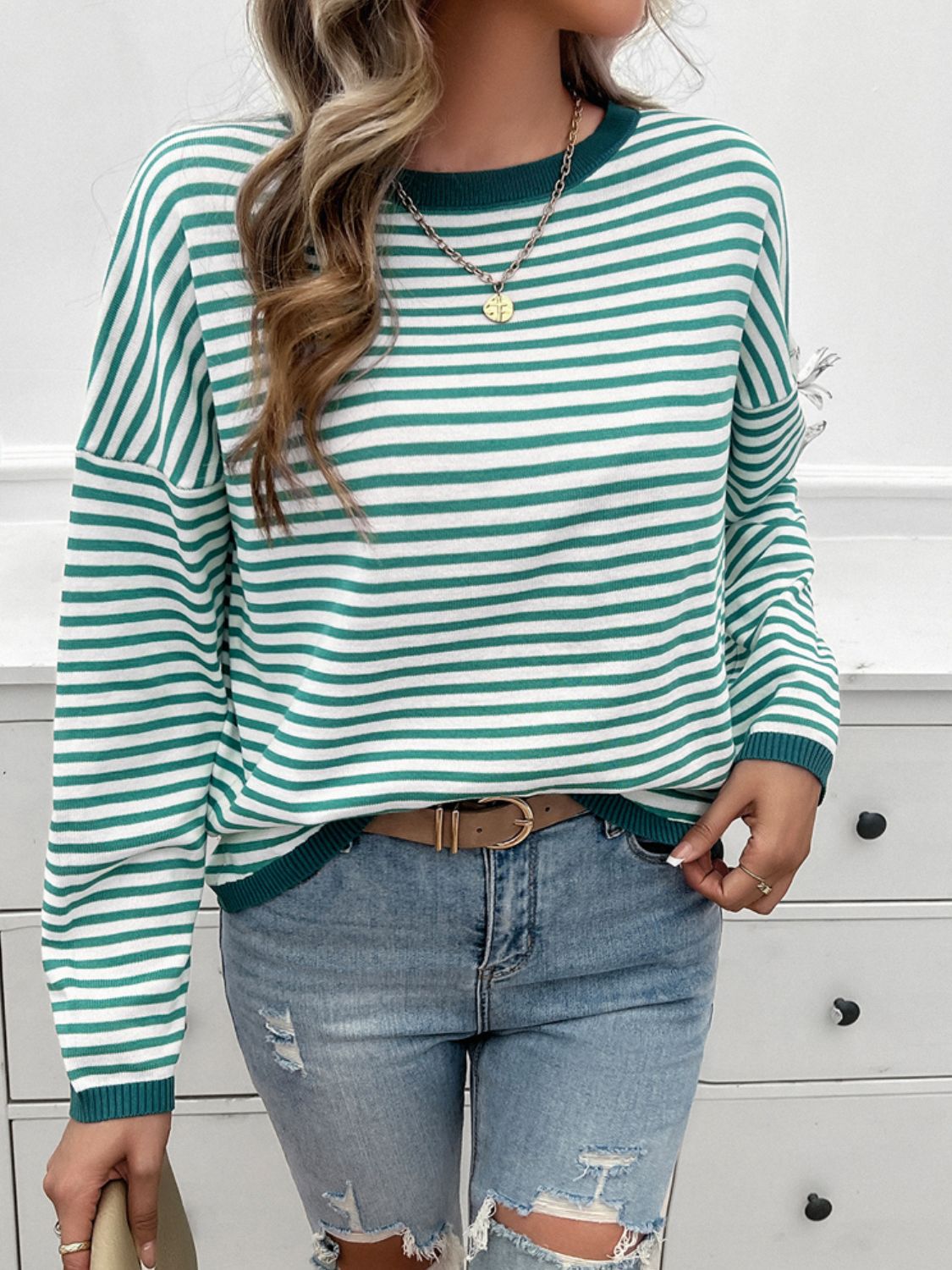 Zephariel Striped Round Neck Dropped Shoulder Sweater