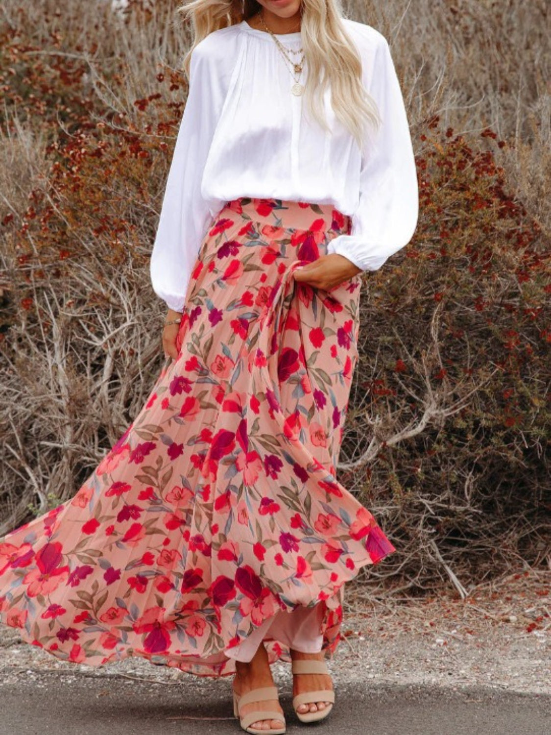 Zephariel Printed Elastic Waist Pleated Maxi Skirt