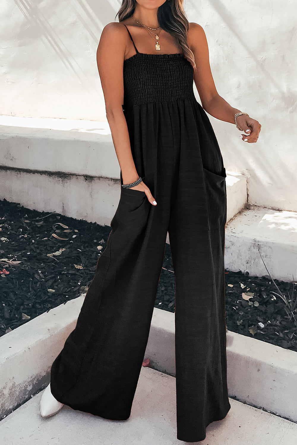 Zephariel Smocked Spaghetti Strap Wide Leg Jumpsuit