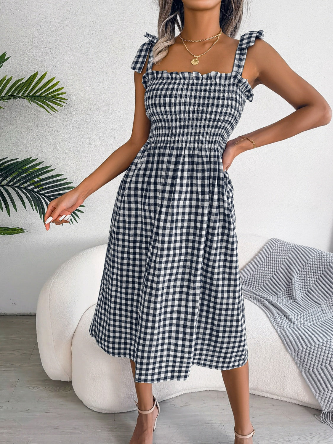 Zephariel Frill Plaid Square Neck Midi Dress