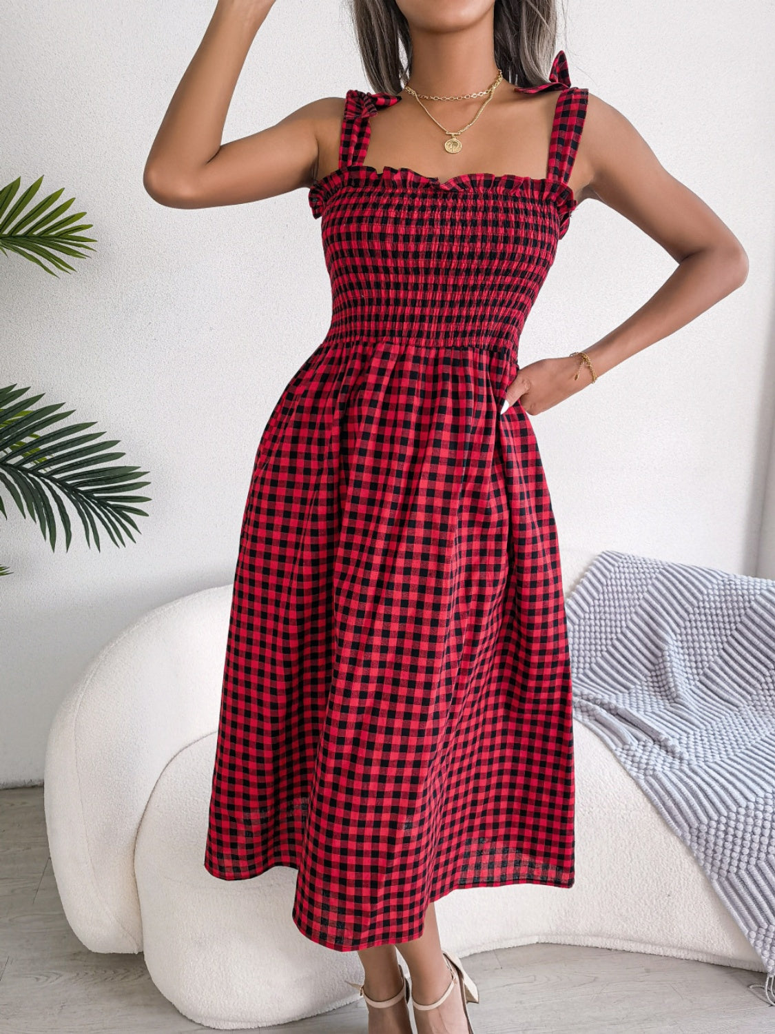 Zephariel Frill Plaid Square Neck Midi Dress