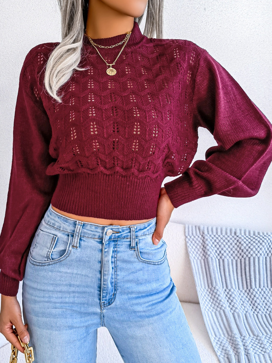 Zephariel Openwork Mock Neck Long Sleeve Cropped Sweater