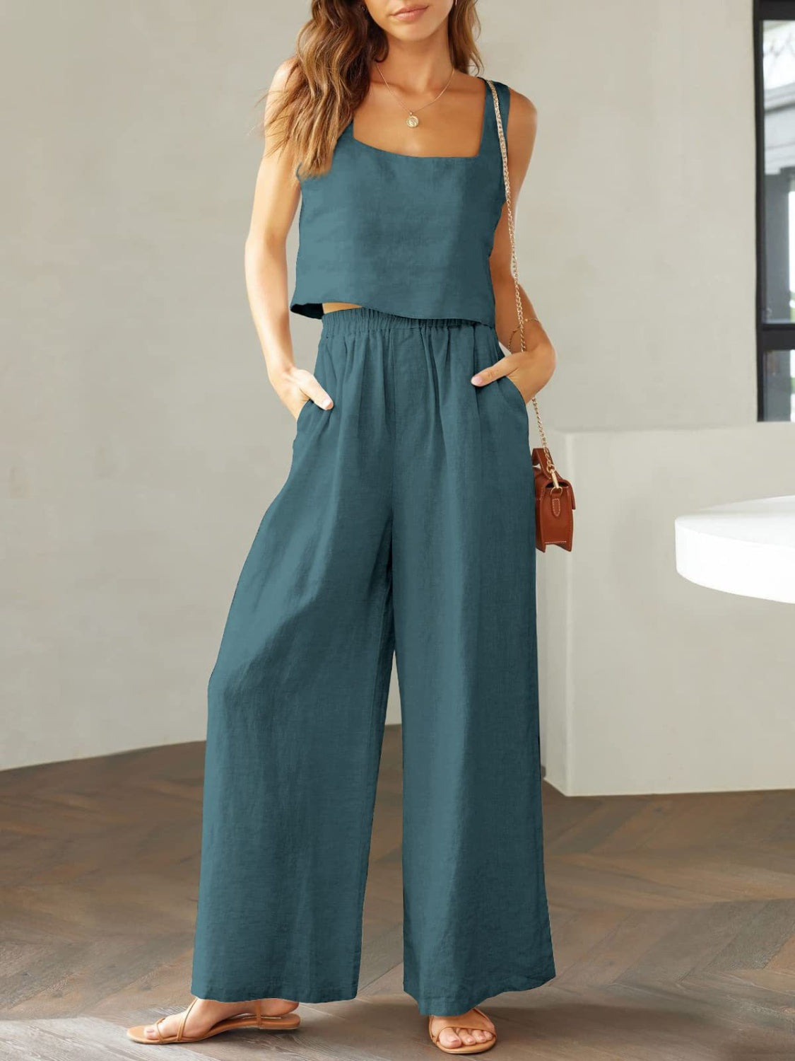 Zephariel Square Neck Top and Wide Leg Pants Set