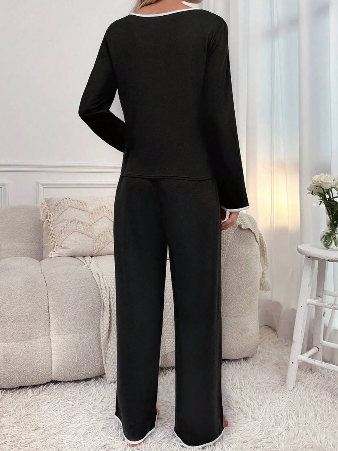 Zephariel Contrast Trim Notched Long Sleeve Top and Pants Lounge Set