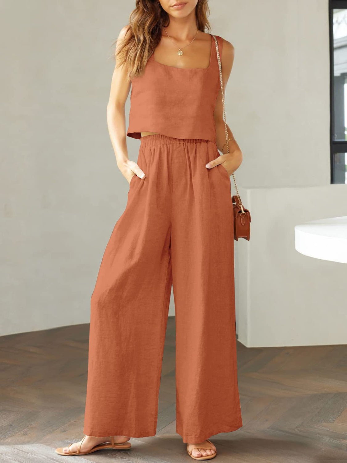 Zephariel Square Neck Top and Wide Leg Pants Set