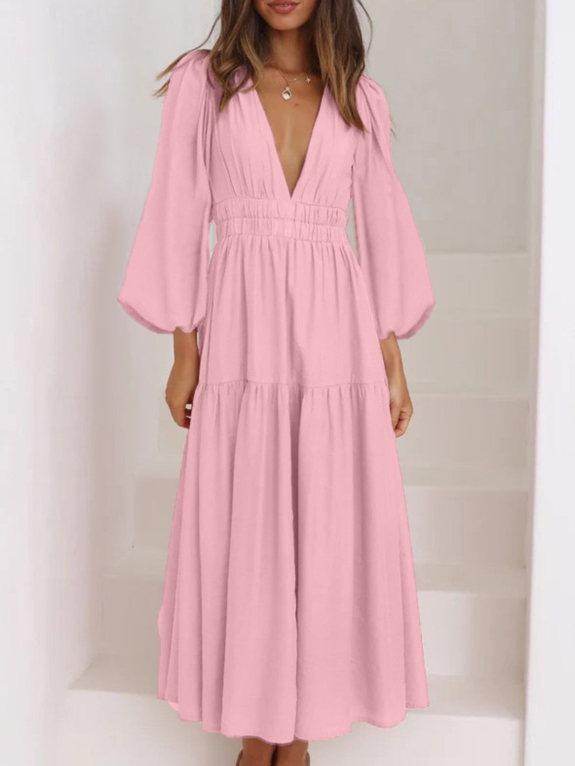 Zephariel Deep V-Neck Balloon Sleeve Plain Maxi Dress