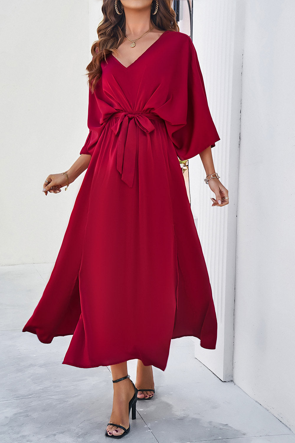 Zephariel Slit Tied V-Neck Three-Quarter Sleeve Dress