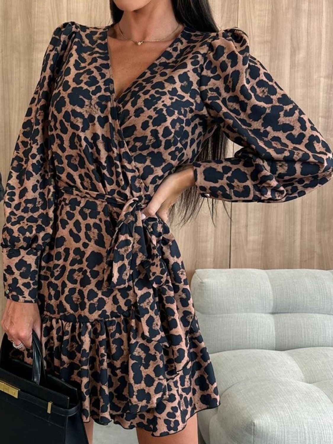 Zephariel Tied Leopard Surplice Long Sleeve Dress