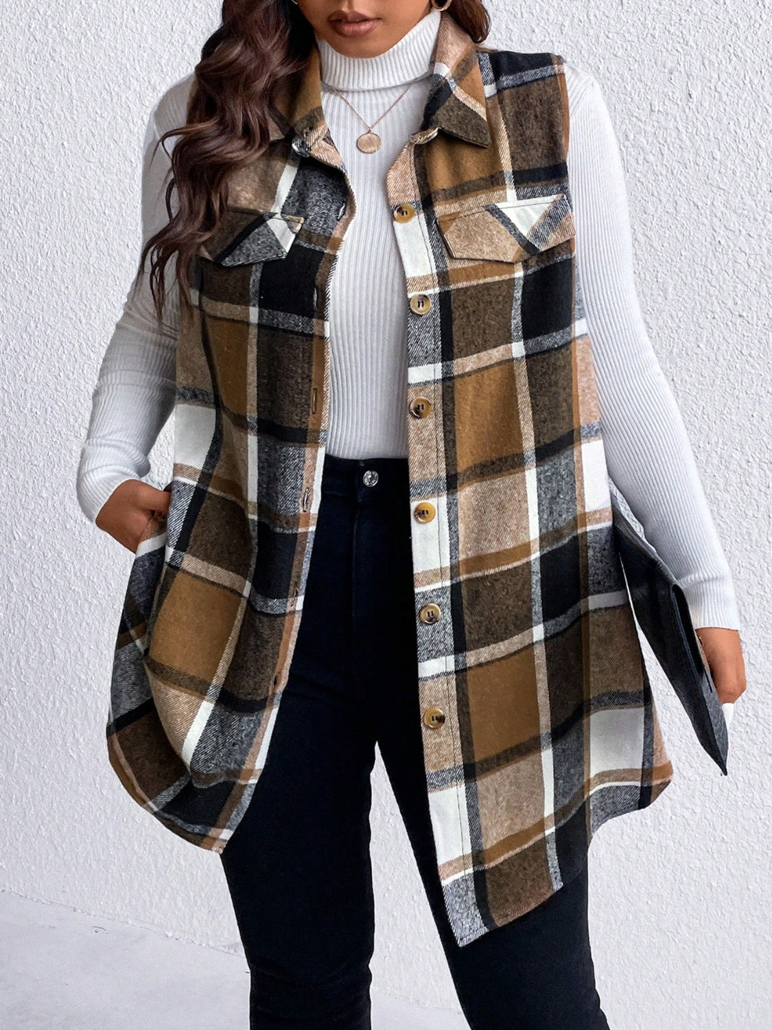 Zephariel Plus Size Pocketed Plaid Button Up Vest Coat