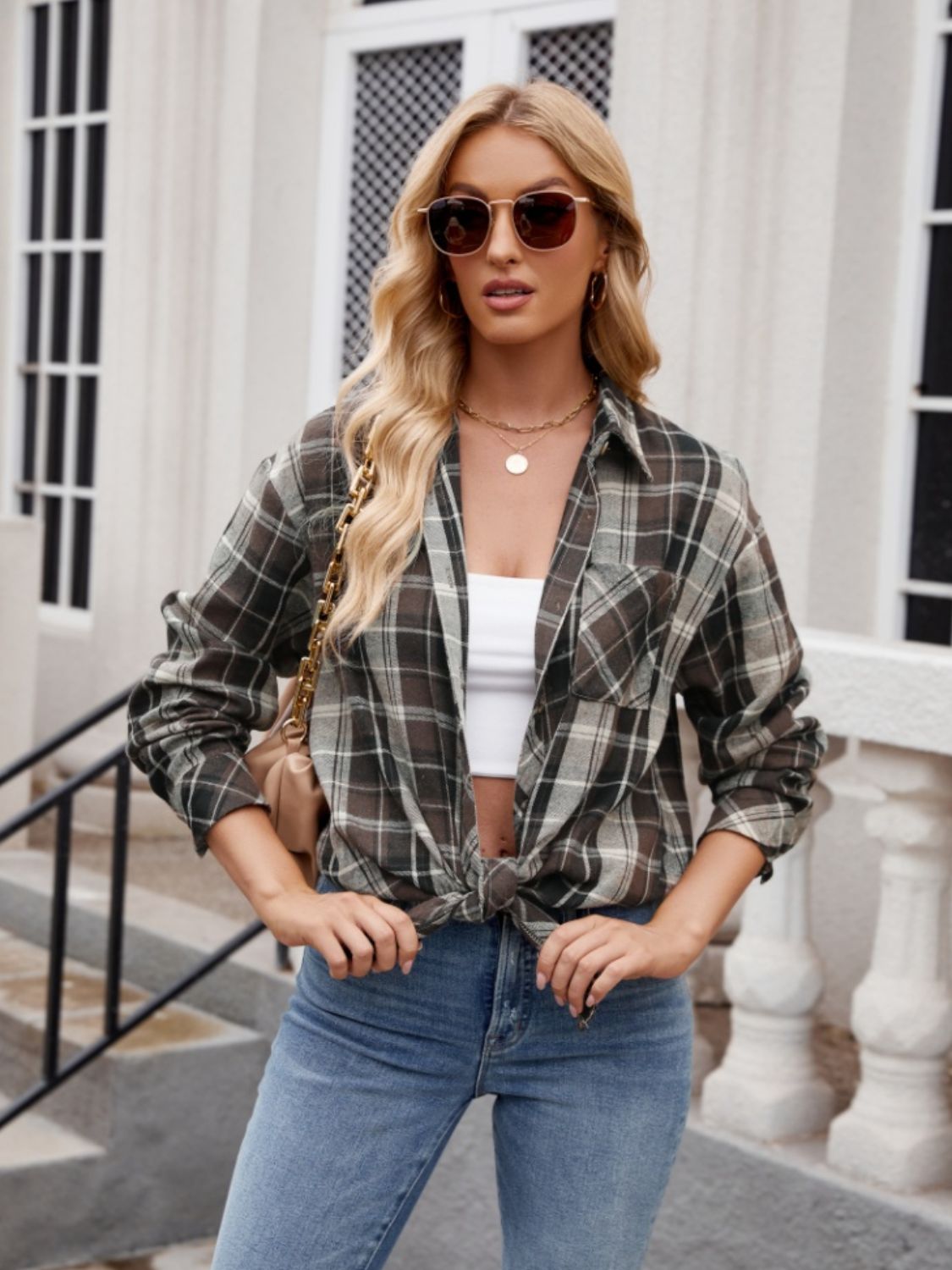 Zephariel Mandy Pocketed Plaid Collared Neck Long Sleeve Shirt