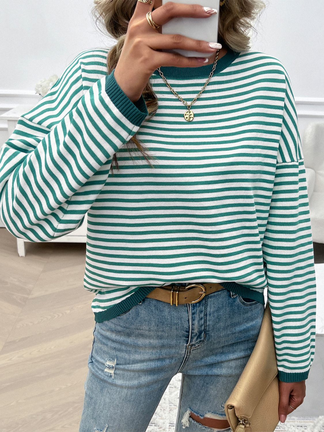 Zephariel Striped Round Neck Dropped Shoulder Sweater