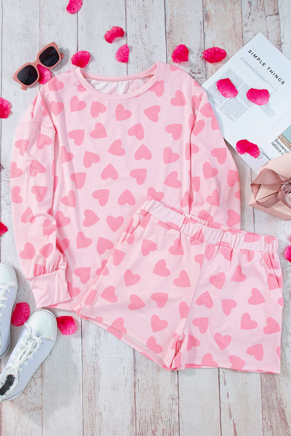 Zephariel Heart Print Long Sleeve Top and Shorts Lounge Set