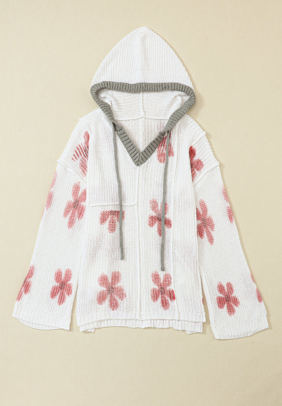 Zephariel Drawstring Flower Hooded Knit Top